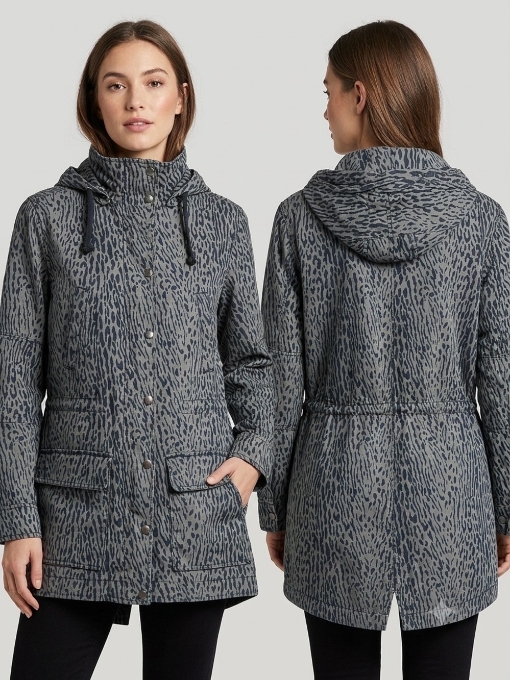 GAP Gray Animal-Print Hooded Utility Jacket
